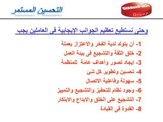 ‫يجب‬ ‫العاملين‬ ‫فى‬ ‫اإليجابية‬ ‫الجوانب‬ ‫تعظيم‬ ‫نستطيع‬ ‫وحتى‬
1
-
‫بعملة‬ ‫واالعتزاز‬ ‫الفخر‬ ‫لدية‬ ‫يتولد‬ ‫أن‬
2
-
‫العمل‬ ‫بيئة‬ ‫فى‬ ‫والتشجيع‬ ‫الثمة‬ ‫خلك‬
3
-
‫إيجاد‬
‫للمنظمة‬ ‫عامة‬ ‫وأهداف‬ ‫تصور‬
4
-
‫شئ‬ ‫كل‬ ‫وتطوير‬ ‫تحسين‬
5
-
‫االتصال‬ ‫وفاعلية‬ ‫سهولة‬
6
-
‫والتمييز‬ ‫والتشجيع‬ ‫للتحفيز‬ ‫نظام‬ ‫وجود‬
7
-
‫واالبتكار‬ ‫واإلبداع‬ ‫الخلك‬ ‫على‬ ‫التشجيع‬
8
-
‫الميادة‬ ‫فى‬ ‫المدوة‬
 