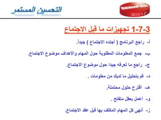 3
-
7
-
1
‫االجتماع‬ ‫لبل‬ ‫ما‬ ‫تجهيزات‬
‫أ‬
-
‫البرنامج‬ ‫راجع‬
(
‫االجتماع‬ ‫أجنده‬
)
‫جيدا‬
.
‫ب‬
-
‫االجتماع‬ ‫موضوع‬ ‫واألهداف‬ ‫المهام‬ ‫حول‬ ‫المطلوبة‬ ‫المعلومات‬ ‫جمع‬
.
‫ج‬
-
‫االجتماع‬ ‫موضوع‬ ‫حول‬ ‫جيدا‬ ‫تعرفه‬ ‫ما‬ ‫راجع‬
.
‫د‬
-
‫معلومات‬ ‫من‬ ‫لدين‬ ‫ما‬ ‫بتحليل‬ ‫لم‬
.
‫هـ‬
-
‫محتملة‬ ‫حلول‬ ‫ألترح‬
.
‫و‬
-
‫متفتح‬ ‫بعمل‬ ‫أعمل‬
.
‫ز‬
-
‫االجتماع‬ ‫عمد‬ ‫لبل‬ ‫بها‬ ‫المكلف‬ ‫المهام‬ ‫كل‬ ‫أنهى‬
.
 