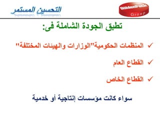 ‫فى‬ ‫الشاملة‬ ‫الجودة‬ ‫تطبك‬
:

‫الحكومية‬ ‫المنظمات‬
”
‫الوزارات‬
‫والهيئات‬
‫المختلفة‬
"

‫المطاع‬
‫العام‬

‫المطاع‬
‫الخاص‬
‫خدمية‬ ‫أو‬ ‫إنتاجية‬ ‫مؤسسات‬ ‫كانت‬ ‫سواء‬
 