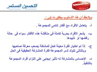 ‫يلى‬ ‫ما‬ ‫يحمك‬ ‫األسلوب‬ ‫هذا‬ ‫أن‬ ‫ويالحظ‬
:
‫أ‬
-
‫للمجموعة‬ ‫تنتمى‬ ‫أفكار‬ ‫مع‬ ‫األفراد‬ ‫يتعامل‬
.
‫ب‬
-
‫سواء‬ ‫األفكار‬ ‫هذه‬ ‫منالشة‬ ‫فى‬ ‫كاملة‬ ‫بحرية‬ ‫األفراد‬ ‫يشعر‬
‫فى‬
‫حالة‬
‫تأييدها‬ ‫أو‬ ‫رفضها‬
‫ج‬
-
‫صاحبها‬ ‫معرفة‬ ‫يصعب‬ ‫للمشكلة‬ ‫كحل‬ ‫معينة‬ ‫فكرة‬ ‫اختيار‬ ‫تم‬ ‫إذا‬
‫الحل‬ ‫فى‬ ‫الحميمية‬ ‫المشاركة‬ ‫فكرة‬ ‫المجموعة‬ ‫لدى‬ ‫تتولد‬ ‫وبالتالى‬
‫د‬
-
‫التزام‬ ‫على‬ ‫إيجابى‬ ‫تأثير‬ ‫له‬ ‫بالمشاركة‬ ‫اإلحساس‬
‫أفراد‬
‫المجموعة‬
‫بالتنفيذ‬
.
 