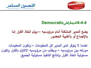 4-4-4
‫اطى‬
‫ر‬‫الديمق‬
Democratic
‫مرؤوسيه‬ ‫أمام‬ ‫المشكمة‬ ‫المدير‬ ‫يضع‬
–
‫إما‬ ‫ار‬
‫ر‬‫الق‬ ‫اتخاذ‬ ‫ويتم‬
‫الحضور‬ ‫بأغمبية‬ ‫أو‬ ‫باإلجماع‬
‫المعمومات‬ ‫كل‬ ‫المدير‬ ‫لدى‬ ‫يتوفر‬ ‫ال‬ ‫عندما‬
–
‫المعمومات‬ ‫ن‬‫وتكو‬
‫مرؤوسيه‬ ‫بين‬ ‫عه‬
‫موز‬
–
‫ن‬‫وتكو‬ ‫ار‬
‫ر‬‫بالق‬ ‫ام‬
‫ز‬‫االلت‬ ‫مرؤوسيه‬ ‫من‬ ‫ويطمب‬
‫الجميع‬ ‫مسئولية‬ ‫التنفيذ‬ ‫ونتائج‬ ‫ار‬
‫ر‬‫الق‬ ‫اتخاذ‬ ‫مسئولية‬
.
 