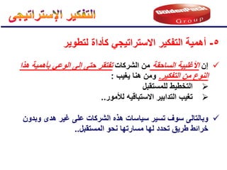 5
-
‫لتطوٌر‬ ‫كؤداة‬ ً‫االستراتٌج‬ ‫التفكٌر‬ ‫أهمٌة‬

‫إن‬
‫الساحقة‬ ‫األغلبٌة‬
‫الشركات‬ ‫من‬
‫هذا‬ ‫بؤهمٌة‬ ً‫الوع‬ ‫إلى‬ ‫حتى‬ ‫تفتقر‬
‫التفكٌر‬ ‫من‬ ‫النوع‬
.
‫ٌغٌب‬ ‫هنا‬ ‫ومن‬
:

‫للمستقبل‬ ‫التخطٌط‬

‫التد‬ ‫تغٌب‬
‫ا‬
‫االستباق‬ ‫بٌر‬
‫ٌه‬
‫لألمور‬
..

‫وبدون‬ ‫هدى‬ ‫غٌر‬ ‫على‬ ‫الشركات‬ ‫هذه‬ ‫سٌاسات‬ ‫تسٌر‬ ‫سوف‬ ‫وبالتالى‬
‫المستقبل‬ ‫نحو‬ ‫مسارتها‬ ‫لها‬ ‫تحدد‬ ‫طرٌق‬ ‫خرائط‬
..
 