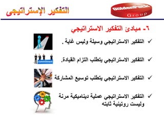 6
-
ً‫االستراتٌج‬ ‫التفكٌر‬ ‫مبادئ‬

‫مرنة‬ ‫دٌنامٌكٌة‬ ‫عملٌة‬ ً‫االستراتٌج‬ ‫التفكٌر‬
‫ولٌست‬
‫ثابته‬ ‫روتٌنٌة‬

‫المشاركة‬ ‫توسٌع‬ ‫ٌتطلب‬ ً‫االستراتٌج‬ ‫التفكٌر‬

‫القٌادة‬ ‫التزام‬ ‫ٌتطلب‬ ً‫االستراتٌج‬ ‫التفكٌر‬
.

‫غاٌة‬ ‫ولٌس‬ ‫وسٌلة‬ ً‫االستراتٌج‬ ‫التفكٌر‬
.
 