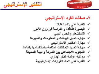 
‫الغاٌات‬ ‫بناء‬ ‫على‬ ‫القدرة‬

‫األمور‬ ‫وزن‬ ‫فى‬ ‫الفراسة‬ ‫و‬ ‫النافدة‬ ‫البصٌرة‬

ً‫البٌئ‬ ‫والحس‬ ‫االستشعار‬

‫وتفسٌرها‬ ‫المعلومات‬ ‫و‬ ‫البٌانات‬ ‫تحلٌل‬ ‫مهارة‬

ً‫االستراتٌج‬ ‫االختٌار‬ ‫مهارة‬

‫بكفاءة‬ ‫واستخدامها‬ ‫المتاحة‬ ‫اإلمكانات‬ ‫تحدٌد‬ ‫مهارة‬

‫المحٌطة‬ ‫والبٌئة‬ ‫الشركة‬ ‫بٌن‬ ً‫االجتماع‬ ‫التجاوب‬

‫اإلداري‬ ‫الفكر‬ ‫عولمة‬ ‫مواكبة‬

‫اإلستراتٌجٌة‬ ‫القرارات‬ ‫اتحاد‬ ‫على‬ ‫القدرة‬
7
-
ً‫اإلستراتٌج‬ ‫الفرد‬ ‫صفات‬
 