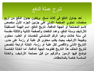 
‫تعد‬
‫جداول‬
‫الدفع‬
‫في‬
‫ثالث‬
،‫نسخ‬
‫ويتكون‬
‫جدول‬
‫الدفع‬
‫من‬
‫أربع‬
،‫صفحات‬
‫تحتوي‬
‫الصفحة‬
‫األولى‬
‫على‬
‫جزئين‬
‫الجزء‬
‫األول‬
‫مخصص‬
‫السم‬
‫المصلحة‬
‫أو‬
‫الجهة‬
،‫الدافعة‬
‫تاريخ‬
،‫الدفع‬
‫اسم‬
‫الهيئة‬
‫المست‬
‫قبلة‬
‫لألرشيف‬
‫وسنة‬
،‫الدفع‬
‫وعدد‬
‫الدفعات‬
‫والصفحة‬
‫الثانية‬
‫والثالث‬
‫ة‬
‫مقسمة‬
‫إلى‬
‫سنة‬
‫خانات‬
‫وهم‬
:
‫الرقم‬
‫التسلسلي‬
‫للخدمات‬
‫أو‬
،‫العلب‬
‫محتوى‬
‫وطبيعة‬
‫األرشيف‬
‫بحيث‬
‫يكتب‬
‫محتوى‬
‫كل‬
‫علبة‬
‫أو‬
‫رزمة‬
‫على‬
‫حدى‬
،
‫التاريخ‬
‫األدنى‬
‫واألقصى‬
‫لكل‬
‫علبة‬
‫أو‬
،‫رزمة‬
‫الخانة‬
‫الرابعة‬
‫تخصص‬
‫لتاريخ‬
‫الحذف‬
‫هذا‬
‫التاريخ‬
‫كفتوحه‬
‫الجهة‬
،‫الدافعة‬
‫أما‬
‫الخانة‬
‫الخام‬
‫سة‬
‫توضح‬
‫فيها‬
‫الرموز‬
‫والترقيم‬
‫من‬
‫قبل‬
‫مصلحة‬
،‫األرشيف‬
‫والخانة‬
‫السادسة‬
‫خاصة‬
‫بالمالحظات‬
.
‫الدفع‬ ‫عملة‬ ‫شرح‬
 