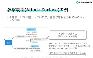 Copyright ©︎ [BalaenaTech Co., Ltd.] 2024 All rights reserved
• 自社サービスに紐づいているが、管理が忘れ去られているコン
テンツ等
攻撃表面(Attack Surface)の例
※IPに紐づくコンテンツサーバがなくとも
サブドメインテイクオーバーの温床になる可
能性も。CNAME、Aレコード等
バグバウンティではよく報告されている
ベンダーのために
開けておいた経路
13
 