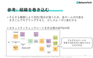 Copyright ©︎ [BalaenaTech Co., Ltd.] 2024 All rights reserved
参考: 組織を巻き込む
• そもそも職務により目的/視点が違うため、各チームの代表を
まきこんでモデリングすると、少しスムーズに進むかも
• セキュリティチェックシートを作る際のMTGの例
20
それぞれのロールの
背景や目的を同じ視点でみる
ための手法
 