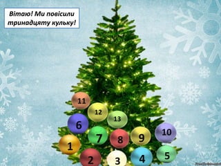 Вітаю! Ми повісили
тринадцяту кульку!
1
2 3 4 5
6
7 8 9
10
11
12
13
 