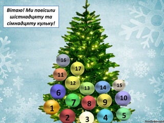 Вітаю! Ми повісили
шістнадцяту та
сімнадцяту кульку!
1
2 3 4 5
6
7 8 9
10
11
12
13 14 15
16
17
 