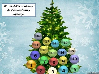 Вітаю! Ми повісили
дев’ятнадцяту
кульку!
1
2 3 4 5
6
7 8 9
10
11
12
13 14 15
16
17
18 19
 