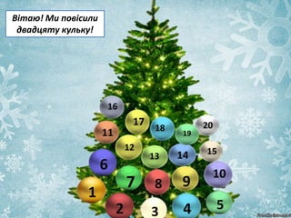 Вітаю! Ми повісили
двадцяту кульку!
1
2 3 4 5
6
7 8 9
10
11
12
13 14 15
16
17
18 20
19
 