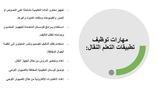 ‫لا‬ ‫تو‬ ‫مهارام‬
‫الن‬ ‫التعلم‬ ‫تطبلقام‬
‫قال‬
:
-
‫و‬‫النة‬ ‫ى‬‫عل‬ ‫تملص‬‫مش‬ ‫ص‬‫التعللمل‬ ‫المادة‬ ‫محتوى‬ ‫تجهل‬
‫و‬
‫وغلرها‬ ‫الةوم‬ ‫وملفام‬ ‫والفلديوهام‬ ‫الةور‬
.
-
‫وى‬ ‫المحت‬ ‫لتجهل‬ ‫ددة‬ ‫المتع‬ ‫ائن‬ ‫للوس‬ ‫رامل‬ ‫ب‬ ‫تخدام‬ ‫اس‬
‫التوللا‬ ‫لنظام‬ ‫وموائمتل‬
.
-
‫ن‬ ‫ى‬‫إل‬ ‫وى‬‫المحت‬ ‫ر‬‫ونش‬ ‫ملم‬‫لتة‬ ‫وللا‬‫الت‬ ‫نظام‬ ‫استخدام‬
‫ص‬‫ظم‬
‫المختلفص‬ ‫الجوال‬
.
-
‫النقال‬ ‫الجهاز‬ ‫خالل‬ ‫من‬ ‫الدرو‬ ‫وتحضلر‬ ‫إعداد‬
.
-
‫ا‬ ‫بالكمبلوتر‬ ‫المختلفص‬ ‫التعللملص‬ ‫الوسائن‬ ‫توصلن‬
‫للوح‬
.
-
‫اللو‬ ‫الكمبلوتر‬ ‫خالل‬ ‫من‬ ‫اإللكترونلص‬ ‫االختبارام‬ ‫إعداد‬
‫ح‬
.
 