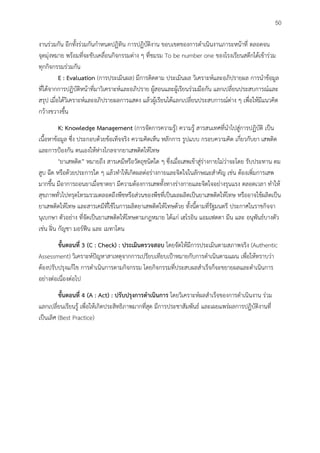 45
งานร่วมกัน อีกทั้งร่วมกันกำหนดปฏิทิน การปฏิบัติงาน ขอบเขตของการดำเนินงานภาระหน้าที่ ตลอดจน
จุดมุ่งหมาย พร้อมที่จะขับเคลื่อนกิจกรรมต่าง ๆ ที่ชมรม To be number one ของโรงเรียนสตึกได้เข้าร่วม
ทุกกิจกรรมร่วมกัน
E : Evaluation (การประเมินผล) มีการติดตาม ประเมินผล วิเคราะห์และอภิปรายผล การนำข้อมูล
ที่ได้จากการปฏิบัติหน้าที่มาวิเคราะห์และอภิปราย ผู้สอนและผู้เรียนร่วมมือกัน แลกเปลี่ยนประสบการณ์และ
สรุป เมื่อได้วิเคราะห์และอภิปรายผลการแสดง แล้วผู้เรียนได้แลกเปลี่ยนประสบการณ์ต่าง ๆ เพื่อให้มีแนวคิด
กว้างขวางขึ้น
K: Knowledge Management (การจัดการความรู้) ความรู้ สารสนเทศที่นำไปสู่การปฏิบัติ เป็น
เนื้อหาข้อมูล ซึ่ง ประกอบด้วยข้อเท็จจริง ความคิดเห็น หลักการ รูปแบบ กรอบความคิด เกี่ยวกับยา เสพติด
และการป้องกัน ตนเองให้ห่างไกลจากยาเสพติดให้โทษ
"ยาเสพติด” หมายถึง สารเคมีหรือวัตถุชนิดใด ๆ ซึ่งเมื่อเสพเข้าสู่ร่างกายไม่ว่าจะโดย รับประทาน ดม
สูบ ฉีด หรือด้วยประการใด ๆ แล้วทำให้เกิดผลต่อร่างกายและจิตใจในลักษณะสำคัญ เช่น ต้องเพิ่มการเสพ
มากขึ้น มีอาการถอนยาเมื่อขาดยา มีความต้องการเสพทั้งทางร่างกายและจิตใจอย่างรุนแรง ตลอดเวลา ทำให้
สุขภาพทั่วไปทรุดโทรมรวมตลอดถึงพืชหรือส่วนของพืชที่เป็นผลผลิตเป็นยาเสพติดให้โทษ หรืออาจใช้ผลิตเป็น
ยาเสพติดให้โทษ และสารเคมีที่ใช้ในการผลิตยาเสพติดให้โทษด้วย ทั้งนี้ตามที่รัฐมนตรี ประกาศในราชกิจจา
นุเบกษา ตัวอย่าง ที่จัดเป็นยาเสพติดให้โทษตามกฎหมาย ได้แก่ เฮโรอิน แอมเฟตตา มีน และ อนุพันธ์บางตัว
เช่น ฝิ่น กัญชา มอร์ฟีน และ เมทาโดน
ขั้นตอนที่ 3 (C : Check) : ประเมินตรวจสอบ โดยจัดให้มีการประเมินตามสภาพจริง (Authentic
Assessment) วิเคราะห์ปัญหาสาเหตุจากการเปรียบเทียบเป้าหมายกับการดำเนินตามแผน เพื่อให้ทราบว่า
ต้องปรับปรุงแก้ไข การดำเนินการตามกิจกรรม โดยกิจกรรมที่ประสบผลสำเร็จก็จะขยายผลและดำเนินการ
อย่างต่อเนื่องต่อไป
ขั้นตอนที่ 4 (A : Act) : ปรับปรุงการดำเนินการ โดยวิเคราะห์ผลสำเร็จของการดำเนินงาน ร่วม
แลกเปลี่ยนเรียนรู้ เพื่อให้เกิดประสิทธิภาพมากที่สุด มีการประชาสัมพันธ์ และเผยแพร่ผลการปฏิบัติงานที่
เป็นเลิศ (Best Practice)
50
 