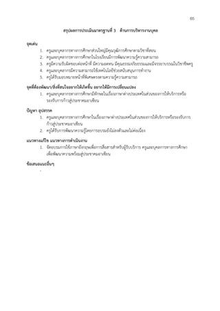 60
สรุปผลการประเมินมาตรฐานที่ 3 ด้านการบริหารงานบุคล
จุดเด่น
1. ครูและบุคลากรทางการศึกษาส่วนใหญ่มีคุณวุฒิการศึกษาตามวิชาที่สอน
2. ครูและบุคลากรทางการศึกษาในโรงเรียนมีการพัฒนาความรู้ความสามารถ
3. ครูมีความรับผิดชอบต่อหน้าที่ มีความอดทน มีคุณธรรมจริยธรรมและมีจรรยาบรรณในวิชาชีพครู
4. ครูและบุคลากรมีความสามารถใช้เทคโนโลยีช่วยสนับสนุนการทำงาน
5. ครูได้รับมอบหมายหน้าที่พิเศษตรงตามความรู้ความสามารถ
จุดที่ต้องพัฒนา/สิ่งที่สนใจอยากให้เกิดขึ้น อยากให้มีการเปลี่ยนแปลง
1. ครูและบุคลากรทางการศึกษามีทักษะในเรื่องภาษาต่างประเทศในส่วนของการให้บริการหรือ
รองรับการก้าวสู่ประชาคมอาเซียน
ปัญหา อุปสรรค
1. ครูและบุคลากรทางการศึกษาในเรื่องภาษาต่างประเทศในส่วนของการให้บริการหรือรองรับการ
ก้าวสู่ประชาคมอาเซียน
2. ครูได้รับการพัฒนาความรู้โดยการอบรมยังไม่ลงตัวและไม่ต่อเนื่อง
แนวทางแก้ไข แนวทางการดำเนินงาน
1. จัดอบรมการใช้ภาษาอังกฤษเพื่อการสื่อสารสำหรับผู้รับบริการ ครูและบุคลการทางการศึกษา
เพื่อพัฒนาความพร้อมสู่ประชาคมอาเซียน
ข้อเสนอแนะอื่นๆ
-
65
 
