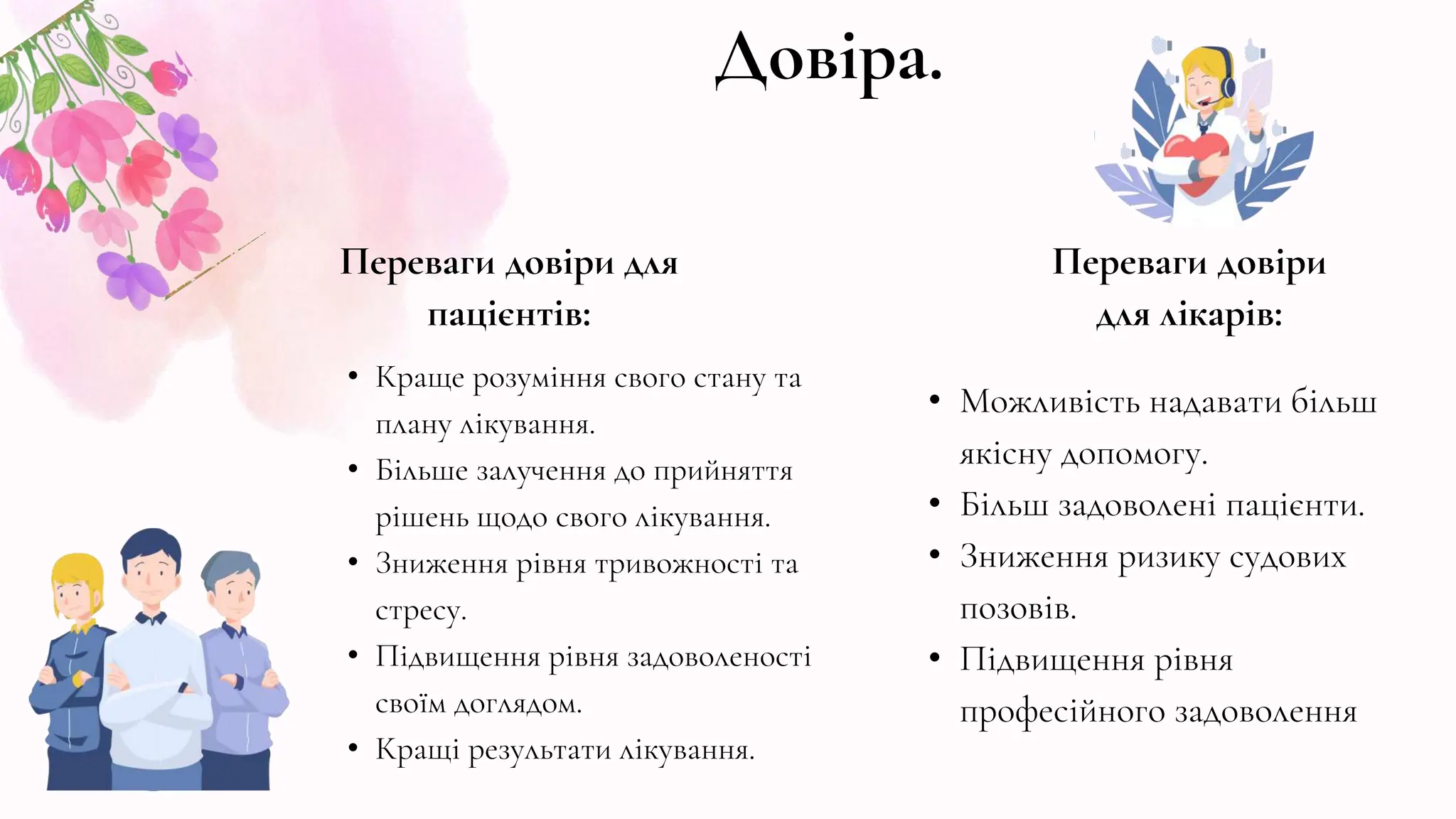 Переваги довіри для
пацієнтів:
Переваги довіри
для лікарів:
• Краще розуміння свого стану та
плану лікування.
• Більше залучення до прийняття
рішень щодо свого лікування.
• Зниження рівня тривожності та
стресу.
• Підвищення рівня задоволеності
своїм доглядом.
• Кращі результати лікування.
• Можливість надавати більш
якісну допомогу.
• Більш задоволені пацієнти.
• Зниження ризику судових
позовів.
• Підвищення рівня
професійного задоволення
Довіра.
 