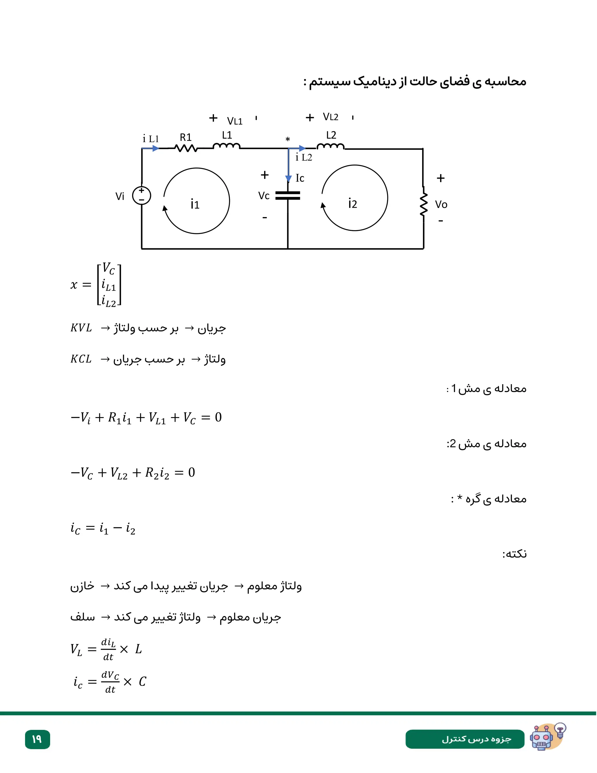 19
: ‫سیستم‬ ‫دینامیک‬ ‫از‬ ‫حالت‬ ‫فضای‬ ‫ی‬ ‫محاسبه‬
𝑥 = [
𝑉𝐶
𝑖𝐿1
𝑖𝐿2
]
𝐾𝑉𝐿 → ‫ولتاژ‬ ‫حسب‬ ‫بر‬ → ‫جریان‬
𝐾𝐶𝐿 → ‫جریان‬ ‫حسب‬ ‫بر‬ → ‫ولتاژ‬
‫مش‬ ‫ی‬ ‫معادله‬
1
:
−𝑉𝑖 + 𝑅1𝑖1 + 𝑉𝐿1 + 𝑉𝐶 = 0
‫مش‬ ‫ی‬ ‫معادله‬
2
:
−𝑉𝐶 + 𝑉𝐿2 + 𝑅2𝑖2 = 0
‫گر‬ ‫ی‬ ‫معادله‬
: * ‫ه‬
𝑖𝐶 = 𝑖1 − 𝑖2
:‫نکته‬
‫خازن‬ → ‫کند‬ ‫می‬ ‫پیدا‬ ‫تغییر‬ ‫جریان‬ → ‫معلوم‬ ‫ولتاژ‬
‫سلف‬ → ‫کند‬ ‫می‬ ‫تغییر‬ ‫ولتاژ‬ → ‫معلوم‬ ‫جریان‬
𝑉𝐿 =
𝑑𝑖𝐿
𝑑𝑡
× 𝐿
𝑖𝑐 =
𝑑𝑉𝐶
𝑑𝑡
× 𝐶
L1 L2
R1
i1 i2
+
-
+
-
+
-
VL1 VL2
Vc
Vo
+
-
Ic
i L2
i L1
Vi
*
 