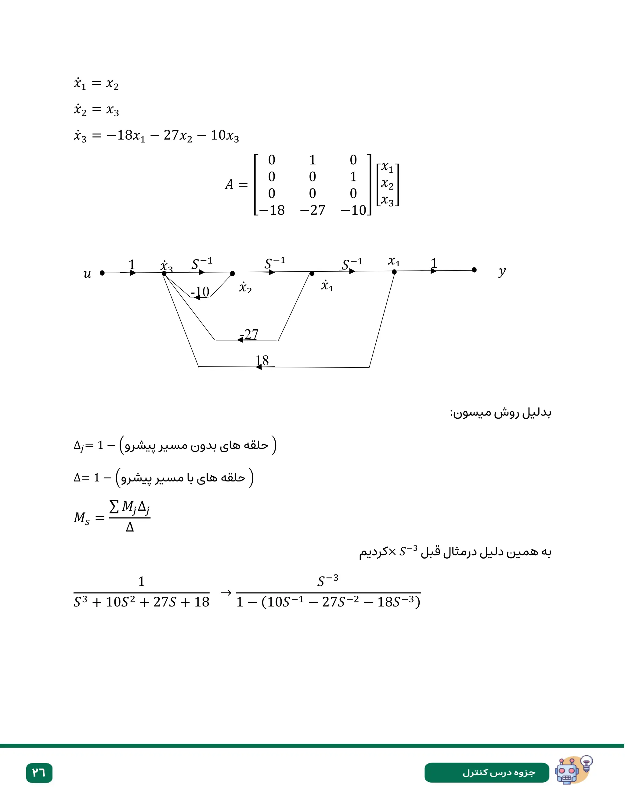 26
𝑥̇1 = 𝑥2
𝑥̇2 = 𝑥3
𝑥̇3 = −18𝑥1 − 27𝑥2 − 10𝑥3
𝐴 = [
0 1 0
0 0 1
0 0 0
−18 −27 −10
] [
𝑥1
𝑥2
𝑥3
]
:‫میسون‬ ‫روش‬ ‫بدلیل‬
∆𝑗= 1 − (‫پیشرو‬ ‫مسیر‬ ‫بدون‬ ‫های‬ ‫حلقه‬ )
∆= 1 − (‫پیشرو‬ ‫مسیر‬ ‫با‬ ‫های‬ ‫حلقه‬ )
𝑀𝑠 =
∑ 𝑀𝑗∆𝑗
∆
‫قبل‬ ‫درمثال‬ ‫دلیل‬ ‫همین‬ ‫به‬
× 𝑆−3
‫کردیم‬
1
𝑆3 + 10𝑆2 + 27𝑆 + 18
→
𝑆−3
1 − (10𝑆−1 − 27𝑆−2 − 18𝑆−3)
𝑥̇3
𝑢 𝑦
𝑥̇2
= 𝑥3
𝑥̇1
= 𝑥2
𝑥1 1
1 𝑆−1
𝑆−1
𝑆−1
-10
18
-27
 