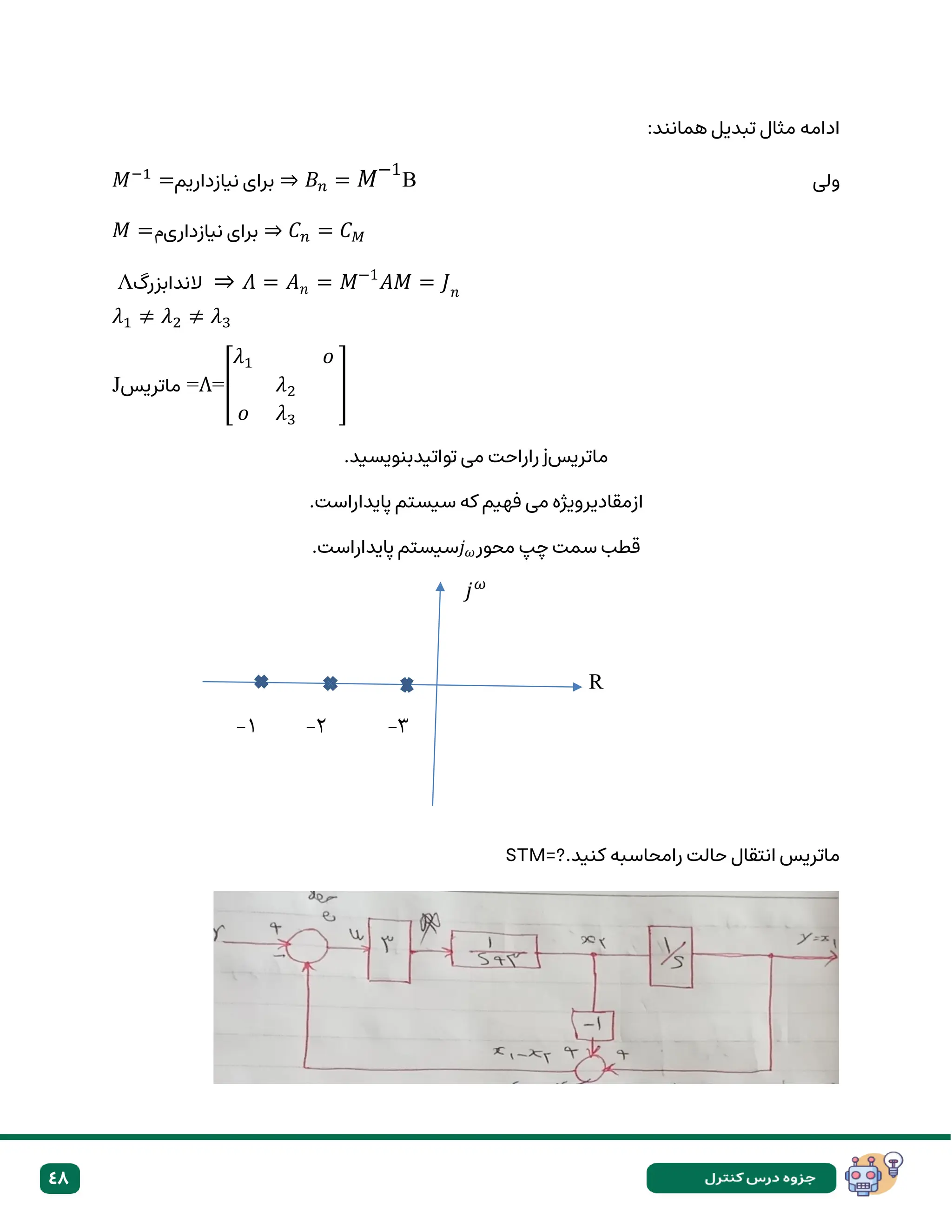 48
:‫همانند‬ ‫تبدیل‬ ‫مثال‬ ‫ادامه‬
𝑀−1
=‫نیازداریم‬ ‫برای‬ ⇒ 𝐵𝑛 = 𝑀−1
B ‫ولی‬
𝑀 = ‫نیازداری‬ ‫برای‬
‫م‬ ⇒ 𝐶𝑛 = 𝐶𝑀
Λ‫الندابزرگ‬ ⇒ 𝛬 = 𝐴𝑛 = 𝑀−1
𝐴𝑀 = 𝐽𝑛
𝜆1 ≠ 𝜆2 ≠ 𝜆3
J‫ماتریس‬ =Λ=[
𝜆1 𝜊
𝜆2
𝜊 𝜆3
]
‫مات‬
‫ریس‬
j
.‫تواتیدبنویسید‬ ‫می‬ ‫راراحت‬
.‫پایداراست‬ ‫سیستم‬ ‫که‬ ‫فهیم‬ ‫می‬ ‫ازمقادیرویژه‬
‫محور‬ ‫چپ‬ ‫سمت‬ ‫قطب‬
𝑗𝜔
.‫پایداراست‬ ‫سیستم‬
𝑗𝜔
R
3
-
۲
-
۱
-
.‫کنید‬ ‫رامحاسبه‬ ‫حالت‬ ‫انتقال‬ ‫ماتریس‬
STM=?
 