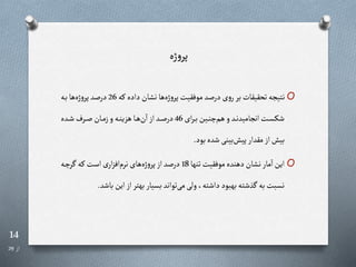 14
‫از‬
29
‫ژه‬‫و‬‫پر‬
O
‫ره‬‫داده‬ ‫ان‬ ‫ن‬‫ها‬‫ژه‬‫و‬‫پر‬‫موفقیت‬ ‫درصد‬ ‫ی‬‫و‬‫ر‬‫بر‬‫تحقیقات‬‫نتیجه‬
26
‫ره‬‫ب‬‫ها‬‫ژه‬‫و‬‫پر‬‫درصد‬
‫ای‬‫ر‬‫ر‬‫ر‬‫ب‬‫رین‬‫ر‬‫ن‬‫چ‬‫هم‬‫و‬‫رد‬‫ر‬‫ن‬‫انجامید‬‫رت‬‫ر‬‫س‬‫شک‬
46
‫رده‬‫ر‬‫ش‬‫ررف‬‫ر‬‫ص‬‫ران‬‫ر‬‫م‬‫ز‬‫و‬‫ره‬‫ر‬‫ن‬‫هزی‬‫را‬‫ر‬‫ه‬‫ن‬‫ا‬‫از‬‫رد‬‫ر‬‫ص‬‫در‬
‫بود‬‫شده‬‫بینی‬‫پیش‬‫مقدار‬‫از‬‫بیش‬
.
O
‫تنها‬‫موفقیت‬‫دهنده‬‫ان‬ ‫ن‬‫مار‬‫ا‬‫این‬
18
‫ره‬‫چ‬‫ر‬ ‫ره‬‫است‬‫ی‬‫ار‬‫ز‬‫اف‬‫نرم‬‫های‬‫ژه‬‫و‬‫پر‬‫از‬‫درصد‬
‫ب‬‫این‬‫از‬‫بهتر‬‫بسیار‬‫تواند‬‫می‬‫ولی‬،‫داشته‬‫بهبود‬‫ذشته‬ ‫به‬‫نسبت‬
‫اشد‬
.
 