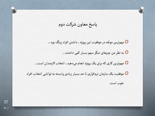 17
‫از‬
29
‫دوم‬ ‫شررت‬‫معاون‬ ‫پاسخ‬
O
‫بود‬ ‫نگ‬‫ر‬‫ز‬‫اد‬‫ر‬‫اف‬‫داشتن‬ ،‫ژه‬‫و‬‫پر‬‫این‬‫موفقیت‬‫در‬‫مولفه‬ ‫ترین‬‫مهم‬
...
O
‫داشتند‬‫رمی‬‫بسیار‬‫سهم‬‫دیگر‬‫چیزهای‬‫من‬‫نرر‬‫به‬
...
O
‫اس‬‫رارمندان‬ ‫انتخا‬،‫دهید‬‫می‬‫انجام‬ ‫ژه‬‫و‬‫پر‬‫یا‬‫ای‬‫ر‬‫ب‬‫ره‬‫ی‬‫رار‬ ‫ترین‬‫مهم‬
‫ت‬
...
O
‫ری‬‫ر‬‫ی‬‫توانا‬‫به‬‫وابسته‬‫زیادی‬‫بسیار‬‫حد‬‫تا‬‫ی‬‫ار‬‫ز‬‫اف‬‫نرم‬‫سازمان‬‫یا‬‫موفقیت‬
‫اد‬‫ر‬‫ر‬‫ف‬‫ا‬ ‫را‬‫خ‬‫انت‬
‫است‬ ‫خو‬
.
 