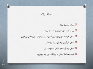 2
‫از‬
29
‫ائه‬‫ر‬‫ا‬ ‫اهداف‬
O
‫ژه‬‫و‬‫پر‬‫مدیریت‬‫معرفی‬
O
‫ها‬‫ن‬‫ا‬‫شناخت‬‫و‬‫مدیریتی‬‫های‬‫طیف‬‫سی‬‫ر‬‫بر‬
O
‫ی‬‫ار‬‫ز‬‫اف‬‫نرم‬‫های‬‫ژه‬‫و‬‫پر‬‫موفقیت‬‫در‬‫سهیم‬‫عامل‬‫ترین‬‫مهم‬‫عنوان‬‫به‬‫اد‬‫ر‬‫اف‬‫معرفی‬
O
‫ار‬‫ز‬‫اف‬‫نرم‬‫تیم‬‫و‬‫ان‬‫ر‬‫رهب‬،‫ان‬‫ر‬‫بازیگ‬‫معرفی‬
O
‫ن‬‫ا‬‫مسمومیت‬‫عوامل‬‫و‬ ‫شده‬‫ژل‬‫تیم‬‫معرفی‬
O
‫ی‬‫ار‬‫ز‬‫اف‬‫نرم‬‫تیم‬‫بین‬‫تباطات‬‫ر‬‫ا‬‫و‬‫ی‬‫ساز‬‫هماهنگ‬ ‫تعریف‬
 