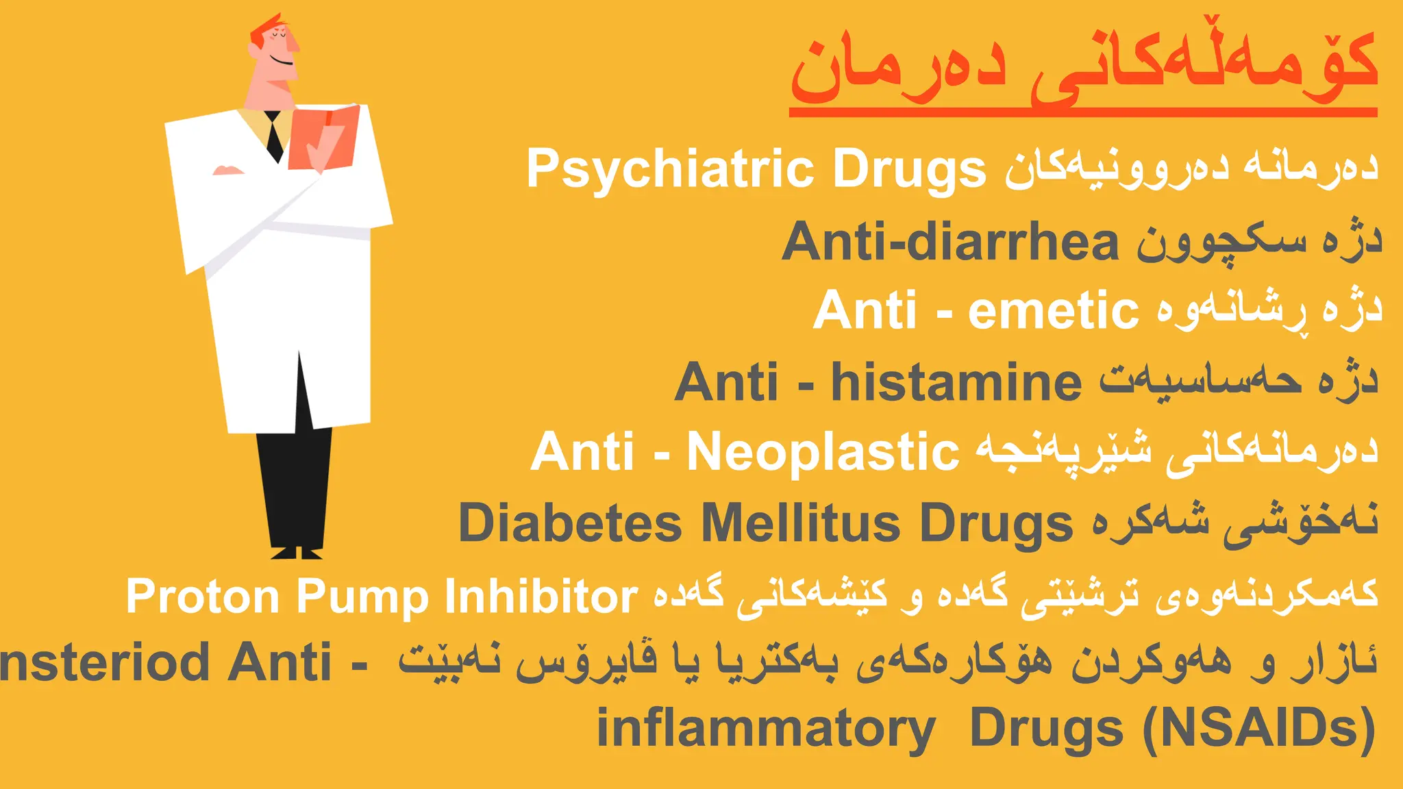 ‫گەدە‬ ‫کێشەکانی‬ ‫و‬ ‫گەدە‬ ‫ترشێتی‬ ‫کەمکردنەوەی‬
Proton Pump Inhibitor
‫دەرمان‬ ‫کۆمەڵەکانی‬
‫شەکرە‬ ‫نەخۆشی‬
Diabetes Mellitus Drugs
‫شێرپەنجە‬ ‫دەرمانەکانی‬
Anti - Neoplastic
‫نەبێت‬ ‫ڤایرۆس‬ ‫یا‬ ‫بەکتریا‬ ‫هۆکارەکەی‬ ‫هەوکردن‬ ‫و‬ ‫ئازار‬
nsteriod Anti -
inflammatory Drugs (NSAIDs)
‫حەساسیەت‬ ‫دژە‬
Anti - histamine
‫ڕشانەوە‬ ‫دژە‬
Anti - emetic
‫سکچوون‬ ‫دژە‬
Anti-diarrhea
‫دەروونیەکان‬ ‫دەرمانە‬
Psychiatric Drugs
Kaka Lea
 