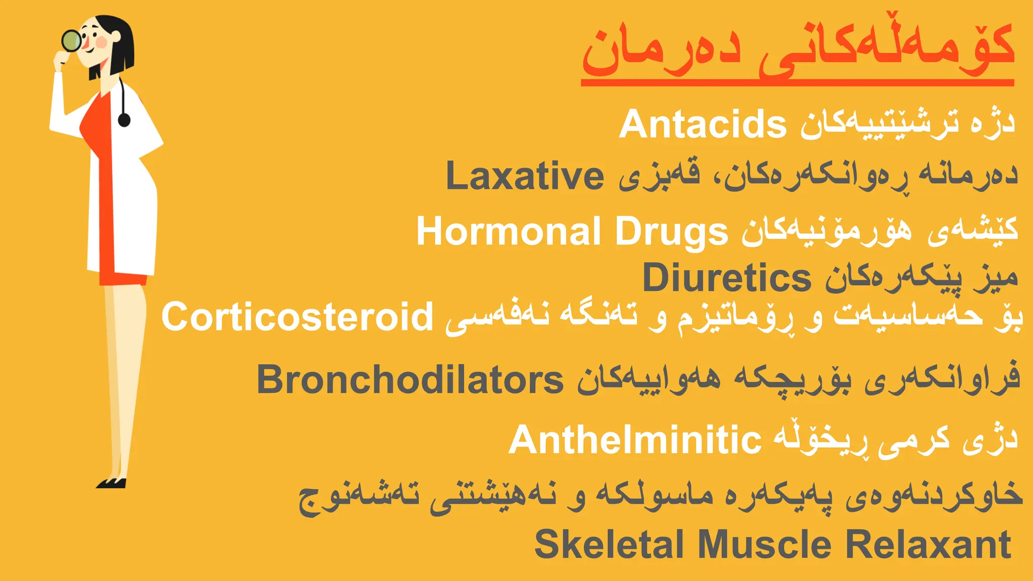 ‫ڕیخۆڵە‬ ‫کرمی‬ ‫دژی‬
Anthelminitic
‫دەرمان‬ ‫کۆمەڵەکانی‬
‫هەواییەکان‬ ‫بۆریچکە‬ ‫فراوانکەری‬
Bronchodilators
‫نەفەسی‬ ‫تەنگە‬ ‫و‬ ‫ڕۆماتیزم‬ ‫و‬ ‫حەساسیەت‬ ‫بۆ‬
Corticosteroid
‫نەهێشتنی‬ ‫و‬ ‫ماسولکە‬ ‫پەیکەرە‬ ‫خاوکردنەوەی‬
‫تەشەنوج‬
Skeletal Muscle Relaxant
‫پێکەرەکان‬ ‫میز‬
Diuretics
‫هۆرمۆنیەکان‬ ‫کێشەی‬
Hormonal Drugs
‫قەبزی‬ ،‫ڕەوانکەرەکان‬ ‫دەرمانە‬
Laxative
‫ترشێتییەکان‬ ‫دژە‬
Antacids
Kaka
Lea
 