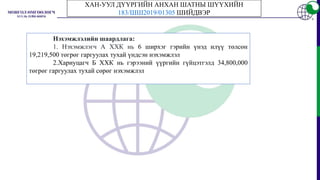 Нэхэмжлэлийн шаардлага:
1. Нэхэмжлэгч А ХХК нь 6 ширхэг гэрийн үнэд илүү төлсөн
19,219,500 төгрөг гаргуулах тухай үндсэн нэхэмжлэл
2.Хариуцагч Б ХХК нь гэрээний үүргийн гүйцэтгэлд 34,800,000
төгрөг гаргуулах тухай сөрөг нэхэмжлэл
ХАН-УУЛ ДҮҮРГИЙН АНХАН ШАТНЫ ШҮҮХИЙН
183/ШШ2019/01305 ШИЙДВЭР
 