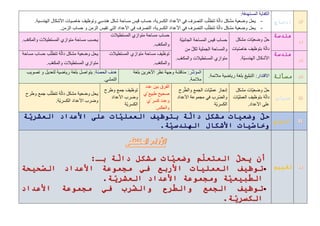 :‫المستهدفة‬ ‫الكفاية‬
-
‫ة‬ّ‫دال‬ ‫مشكل‬ ‫وضعية‬ ‫يحل‬
‫الكسرية‬ ‫األعداد‬ ‫في‬ ‫التصرف‬ ‫ب‬ّ‫تتطل‬
،
‫الهندسية‬ ‫األشكال‬ ‫خاصيات‬ ‫وتوظيف‬ ‫هندسي‬ ‫شكل‬ ‫مساحة‬ ‫قيس‬ ‫حساب‬
.
-
‫الزمن‬ ‫حساب‬ ‫و‬ ‫الزمن‬ ‫تقيس‬ ‫التي‬ ‫األعداد‬ ‫في‬ ‫التصرف‬ ،‫الكسرية‬ ‫األعداد‬ ‫في‬ ‫التصرف‬ ‫ب‬ّ‫تتطل‬ ‫ة‬ّ‫دال‬ ‫مشكل‬ ‫وضعية‬ ‫يحل‬
.
‫ي‬
‫المستطيات‬ ‫متوازي‬ ‫مساحة‬ ‫حسب‬
‫ب‬ّ‫ع‬‫والمك‬
.
‫المستطيات‬ ‫متوازي‬ ‫مساحة‬ ‫حساب‬
‫ب‬ّ‫ع‬‫والمك‬
.
‫ّة‬‫ي‬‫الجانب‬ ‫المساحة‬ ‫قيس‬ ‫حساب‬
‫والمساحة‬
‫من‬ ّ‫ل‬‫لك‬ ‫الجملية‬
‫المستطيات‬ ‫متوازي‬
‫ب‬ّ‫ع‬‫والمك‬
.
‫مشكل‬ ‫ّات‬‫ي‬‫وضع‬ ّ‫ل‬‫ح‬
‫يات‬ّ‫ص‬‫خا‬ ‫بتوظيف‬ ‫ة‬ّ‫دال‬
‫ّة‬‫ي‬‫الهندس‬ ‫األشكال‬
.
‫ب‬ّ‫تتطل‬ ‫ة‬ّ‫دال‬ ‫مشكل‬ ‫وضعية‬ ‫يحل‬
‫مساحة‬ ‫حساب‬
‫المستطيات‬ ‫متوازي‬
‫ب‬ّ‫ع‬‫والمك‬
.
‫المستطيات‬ ‫متوازي‬ ‫مساحة‬ ‫توظيف‬
‫ب‬ّ‫ع‬‫والمك‬
.
:‫ة‬ّ‫ص‬‫الح‬ ‫هدف‬
‫تصويب‬ ‫و‬ ‫لتعديل‬ ‫رياضية‬ ‫بلغة‬ ‫يتواصل‬
‫التمشي‬
.
:‫ر‬ّ‫ش‬‫المؤ‬
‫بلغة‬ ‫اآلخرين‬ ‫نظر‬ ‫وجهة‬ ‫مناقشة‬
‫مائمة‬
.
:‫االقتدار‬
‫مائمة‬ ‫رياضية‬ ‫بلغة‬ ‫التبليغ‬
.
‫ب‬ّ‫تتطل‬ ‫ة‬ّ‫دال‬ ‫مشكل‬ ‫وضعية‬ ‫يحل‬
‫جمع‬
‫وطرح‬
‫وضرب‬
‫ّة‬‫ي‬‫الكسر‬ ‫األعداد‬
.
‫جمع‬ ‫توظيف‬
‫وطرح‬
‫وضرب‬
‫األعداد‬
‫ّة‬‫ي‬‫الكسر‬
‫عدد‬ ‫بين‬ ‫الفرق‬
‫ّي‬ ‫طبيع‬ ‫صحيح‬
‫وعدد‬
‫ّي‬ ‫كسر‬
‫والعكس‬
‫الجمع‬ ‫ّات‬‫ي‬‫عمل‬ ‫إنجاز‬
‫رح‬ّ‫والط‬
‫ّرب‬‫ض‬‫وال‬
‫األعداد‬ ‫مجموعة‬ ‫في‬
‫ّة‬‫ي‬‫الكسر‬
‫مشكل‬ ‫ّات‬‫ي‬‫وضع‬ ّ‫ل‬‫ح‬
‫ة‬ّ‫دال‬
‫ّات‬‫ي‬‫العمل‬ ‫بتوظيف‬
‫األعداد‬ ‫على‬
.
 