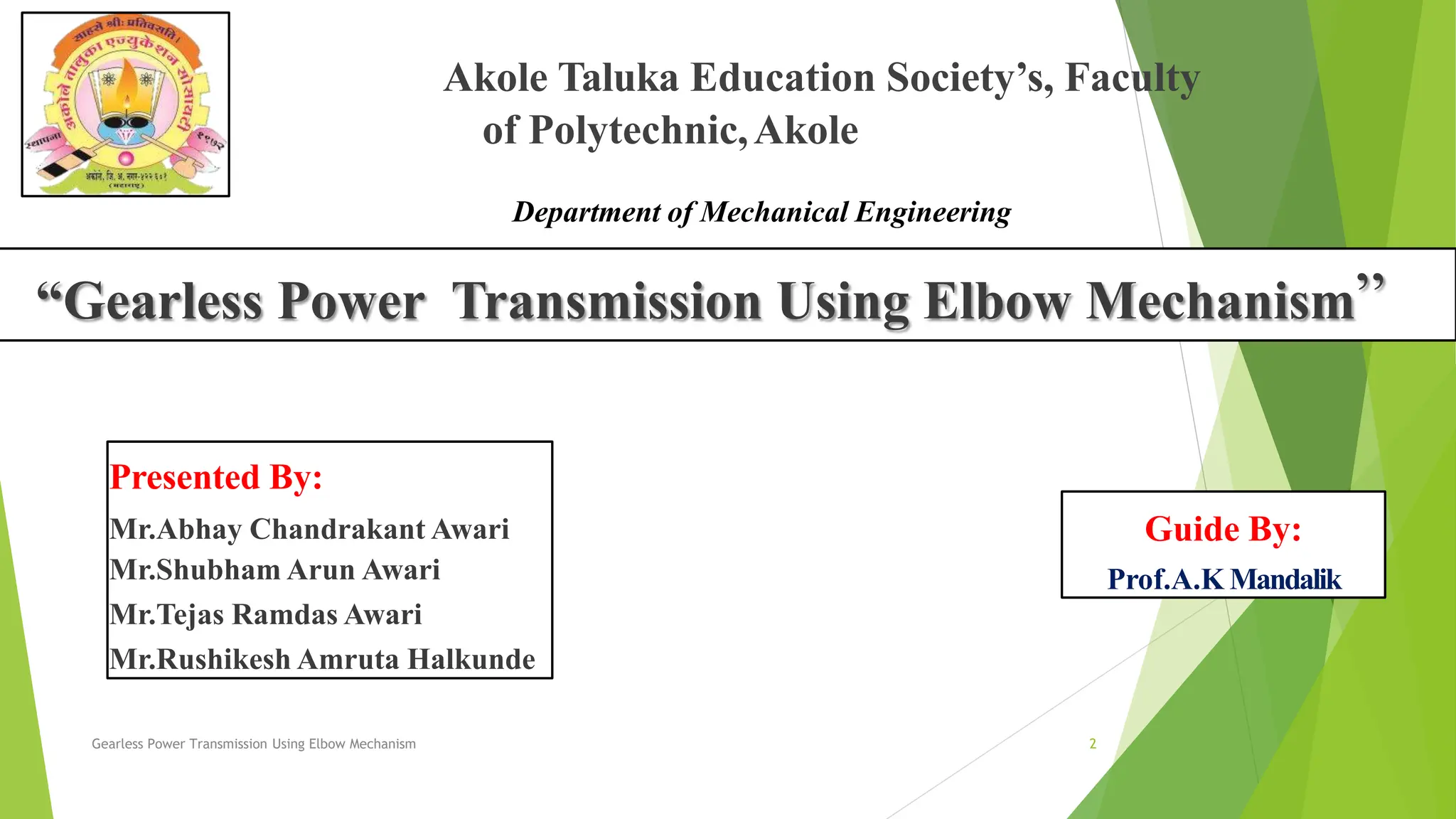 gearless power transmission using elbow mechanism PPT