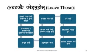 👉चटक्क
ै छोड्नुहोस् (Leave These):
अरुको ररस, ईर्ष्ाा,
आलोचना र क
ु रा
काट्न
अस्वस्थकर र
अव्यवक्दस्थत
खाननपन/जीवनशैली
फजुल खचा अनुत्पार्क काम
नकताब मात्रै नकन्ने,
अध्ययन नगने बानी
गुनासो मात्रै गने डर मान्ने
नकताबको मोटाई
हेने
सीनमत अध्ययन गने
बानी
www.facebook.com/pubhealthconcern/ 15
 