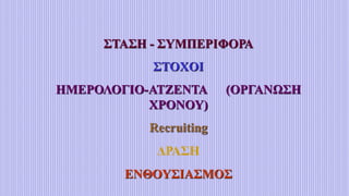 ΣΤΑΣΗ - ΣΥΜΠΕΡΙΦΟΡΑ
ΣΤΟΧΟΙ
ΗΜΕΡΟΛΟΓΙΟ-ΑΤΖΕΝΤΑ (ΟΡΓΑΝΩΣΗ
ΧΡΟΝΟΥ)
Recruiting
ΔΡΑΣΗ
ΕΝΘΟΥΣΙΑΣΜΟΣ
 