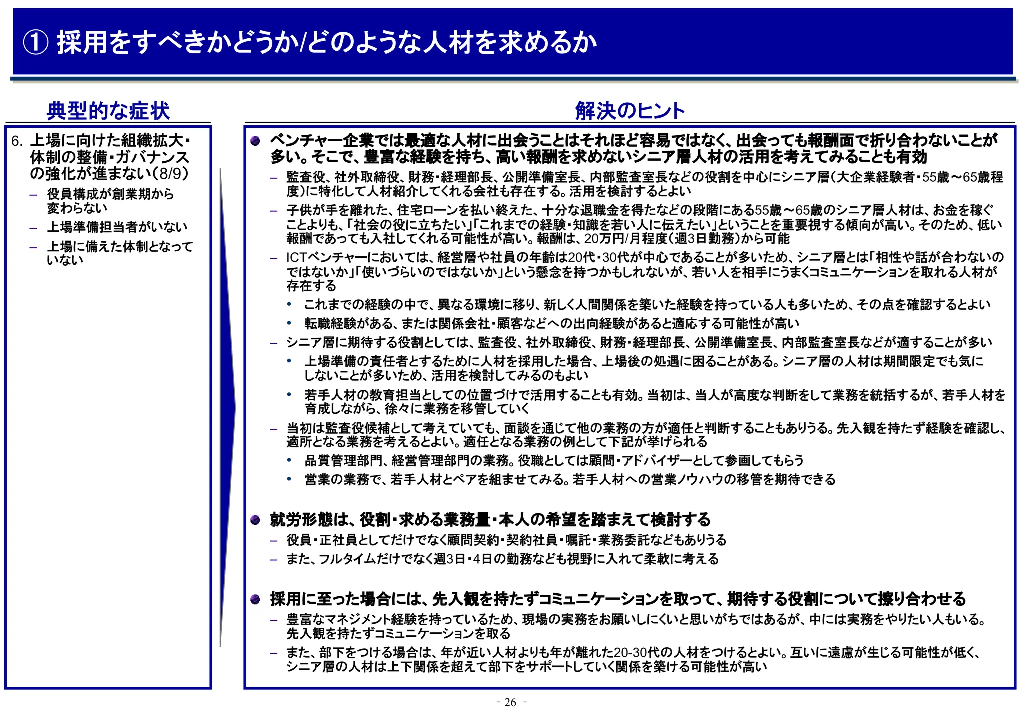 ‐26 ‐
典型的な症状 解決のヒント
ベンチャー企業では最適な人材に出会うことはそれほど容易ではなく、出会っても報酬面で折り合わないことが
多い。そこで、豊富な経験を持ち、高い報酬を求めないシニア層人材の活用を考えてみることも有効
– 監査役、社外取締役、財務・経理部長、公開準備室長、内部監査室長などの役割を中心にシニア層（大企業経験者・55歳～65歳程
度）に特化して人材紹介してくれる会社も存在する。活用を検討するとよい
– 子供が手を離れた、住宅ローンを払い終えた、十分な退職金を得たなどの段階にある55歳～65歳のシニア層人材は、お金を稼ぐ
ことよりも、「社会の役に立ちたい」「これまでの経験・知識を若い人に伝えたい」ということを重要視する傾向が高い。そのため、低い
報酬であっても入社してくれる可能性が高い。報酬は、20万円/月程度（週3日勤務）から可能
– ICTベンチャーにおいては、経営層や社員の年齢は20代・30代が中心であることが多いため、シニア層とは「相性や話が合わないの
ではないか」「使いづらいのではないか」という懸念を持つかもしれないが、若い人を相手にうまくコミュニケーションを取れる人材が
存在する
• これまでの経験の中で、異なる環境に移り、新しく人間関係を築いた経験を持っている人も多いため、その点を確認するとよい
• 転職経験がある、または関係会社・顧客などへの出向経験があると適応する可能性が高い
– シニア層に期待する役割としては、監査役、社外取締役、財務・経理部長、公開準備室長、内部監査室長などが適することが多い
• 上場準備の責任者とするために人材を採用した場合、上場後の処遇に困ることがある。シニア層の人材は期間限定でも気に
しないことが多いため、活用を検討してみるのもよい
• 若手人材の教育担当としての位置づけで活用することも有効。当初は、当人が高度な判断をして業務を統括するが、若手人材を
育成しながら、徐々に業務を移管していく
– 当初は監査役候補として考えていても、面談を通じて他の業務の方が適任と判断することもありうる。先入観を持たず経験を確認し、
適所となる業務を考えるとよい。適任となる業務の例として下記が挙げられる
• 品質管理部門、経営管理部門の業務。役職としては顧問・アドバイザーとして参画してもらう
• 営業の業務で、若手人材とペアを組ませてみる。若手人材への営業ノウハウの移管を期待できる
就労形態は、役割・求める業務量・本人の希望を踏まえて検討する
– 役員・正社員としてだけでなく顧問契約・契約社員・嘱託・業務委託などもありうる
– また、フルタイムだけでなく週3日・4日の勤務なども視野に入れて柔軟に考える
採用に至った場合には、先入観を持たずコミュニケーションを取って、期待する役割について擦り合わせる
– 豊富なマネジメント経験を持っているため、現場の実務をお願いしにくいと思いがちではあるが、中には実務をやりたい人もいる。
先入観を持たずコミュニケーションを取る
– また、部下をつける場合は、年が近い人材よりも年が離れた20-30代の人材をつけるとよい。互いに遠慮が生じる可能性が低く、
シニア層の人材は上下関係を超えて部下をサポートしていく関係を築ける可能性が高い
6. 上場に向けた組織拡大・
体制の整備・ガバナンス
の強化が進まない（8/9）
– 役員構成が創業期から
変わらない
– 上場準備担当者がいない
– 上場に備えた体制となって
いない
① 採用をすべきかどうか/どのような人材を求めるか
 