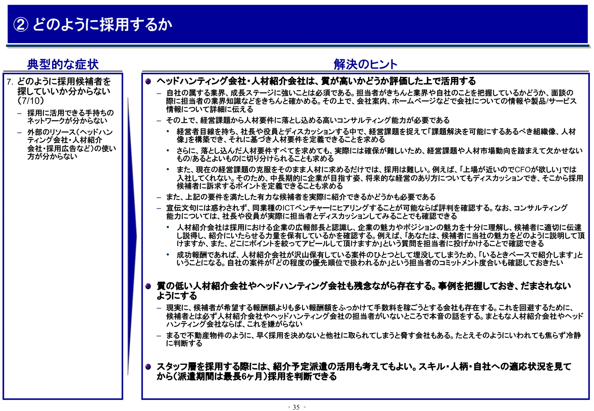 ‐35 ‐
典型的な症状 解決のヒント
ヘッドハンティング会社・人材紹介会社は、質が高いかどうか評価した上で活用する
– 自社の属する業界、成長ステージに強いことは必須である。担当者がきちんと業界や自社のことを把握しているかどうか、面談の
際に担当者の業界知識などをきちんと確かめる。その上で、会社案内、ホームページなどで会社についての情報や製品/サービス
情報について詳細に伝える
– その上で、経営課題から人材要件に落とし込める高いコンサルティング能力が必要である
• 経営者目線を持ち、社長や役員とディスカッションする中で、経営課題を捉えて「課題解決を可能にするあるべき組織像、人材
像」を構築でき、それに基づき人材要件を定義できることを求める
• さらに、落とし込んだ人材要件すべてを求めても、実際には確保が難しいため、経営課題や人材市場動向を踏まえて欠かせない
もの/あるとよいものに切り分けられることも求める
• また、現在の経営課題の克服をそのまま人材に求めるだけでは、採用は難しい。例えば、｢上場が近いのでCFOが欲しい｣では
入社してくれない。そのため、中長期的に企業が目指す姿、将来的な経営のあり方についてもディスカッションでき、そこから採用
候補者に訴求するポイントを定義できることも求める
– また、上記の要件を満たした有力な候補者を実際に紹介できるかどうかも必要である
– 宣伝文句には惑わされず、同業種のICTベンチャーにヒアリングすることが可能ならば評判を確認する。なお、コンサルティング
能力については、社長や役員が実際に担当者とディスカッションしてみることでも確認できる
• 人材紹介会社は採用における企業の広報部長と認識し、企業の魅力やポジションの魅力を十分に理解し、候補者に適切に伝達
し説得し、紹介にいたらせる力量を保有しているかを確認する。例えば、｢あなたは、候補者に当社の魅力をどのように説明して頂
けますか、また、どこにポイントを絞ってアピールして頂けますか｣という質問を担当者に投げかけることで確認できる
• 成功報酬であれば、人材紹介会社が沢山保有している案件のひとつとして埋没してしまうため、「いるときベースで紹介します」と
いうことになる。自社の案件が「どの程度の優先順位で扱われるか」という担当者のコミットメント度合いも確認しておきたい
質の低い人材紹介会社やヘッドハンティング会社も残念ながら存在する。事例を把握しておき、だまされない
ようにする
– 現実に、候補者が希望する報酬額よりも多い報酬額をふっかけて手数料を稼ごうとする会社も存在する。これを回避するために、
候補者とは必ず人材紹介会社やヘッドハンティング会社の担当者がいないところで本音の話をする。まともな人材紹介会社やヘッド
ハンティング会社ならば、これを嫌がらない
– まるで不動産物件のように、早く採用を決めないと他社に取られてしまうと脅す会社もある。たとえそのようにいわれても焦らず冷静
に判断する
スタッフ層を採用する際には、紹介予定派遣の活用も考えてもよい。スキル・人柄・自社への適応状況を見て
から（派遣期間は最長6ヶ月）採用を判断できる
7. どのように採用候補者を
探していいか分からない
（7/10）
– 採用に活用できる手持ちの
ネットワークが分からない
– 外部のリソース（ヘッドハン
ティング会社・人材紹介
会社・採用広告など）の使い
方が分からない
② どのように採用するか
 