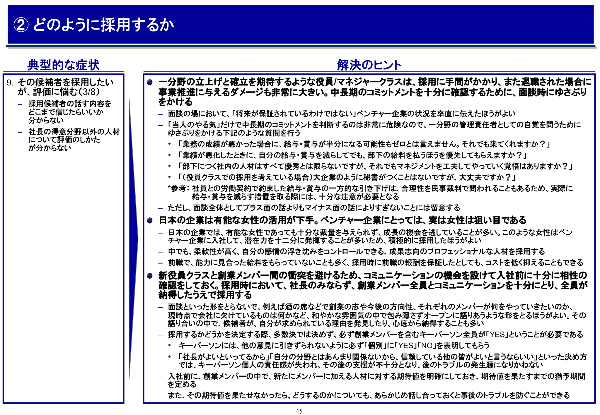 ‐45 ‐
典型的な症状 解決のヒント
一分野の立上げと確立を期待するような役員/マネジャークラスは、採用に手間がかかり、また退職された場合に
事業推進に与えるダメージも非常に大きい。中長期のコミットメントを十分に確認するために、面談時にゆさぶり
をかける
– 面談の場において、「将来が保証されているわけではない」ベンチャー企業の状況を率直に伝えたほうがよい
– 「当人のやる気」だけで中長期のコミットメントを判断するのは非常に危険なので、一分野の管理責任者としての自覚を問うために
ゆさぶりをかける下記のような質問を行う
• 「業務の成績が悪かった場合に、給与・賞与が半分になる可能性もゼロとは言えません。それでも来てくれますか？」
• 「業績が悪化したときに、自分の給与・賞与を減らしてでも、部下の給料を払うほうを優先してもらえますか？」
• 「部下につく社内の人材はすべて優秀とは限らないですが、それでもマネジメントを工夫してやっていく覚悟はありますか？」
• 「（役員クラスでの採用を考えている場合）大企業のように秘書がつくことはないですが、大丈夫ですか？」
*参考： 社員との労働契約で約束した給与・賞与の一方的な引き下げは、合理性を民事裁判で問われることもあるため、実際に
給与・賞与を減らす措置を取る際には、十分な注意が必要となる
– ただし、面談全体としてプラス面の話よりもマイナス面の話によりすぎないことには留意する
日本の企業は有能な女性の活用が下手。ベンチャー企業にとっては、実は女性は狙い目である
– 日本の企業では、有能な女性であっても十分な裁量を与えられず、成長の機会を逃していることが多い。このような女性はベン
チャー企業に入社して、潜在力を十二分に発揮することが多いため、積極的に採用したほうがよい
– 中でも、柔軟性が高く、自分の感情の浮き沈みをコントロールできる、成果志向のプロフェッショナルな人材を採用する
– 前職で、能力に見合った給料をもらっていないことも多く、採用時に前職の報酬を保証したとしても、コストを低く抑えることもできる
新役員クラスと創業メンバー間の衝突を避けるため、コミュニケーションの機会を設けて入社前に十分に相性の
確認をしておく。採用時において、社長のみならず、創業メンバー全員とコミュニケーションを十分にとり、全員が
納得したうえで採用する
– 面談といった形をとらないで、例えば酒の席などで創業の志や今後の方向性、それぞれのメンバーが何をやっていきたいのか、
現時点で会社に欠けているものは何かなど、和やかな雰囲気の中で包み隠さずオープンに語りあうような形をとるほうがよい。その
語り合いの中で、候補者が、自分が求められている理由を発見したり、心底から納得することも多い
– 採用するかどうかを決定する際、多数決では決めず、必ず創業メンバーを含むキーパーソン全員が「YES」ということが必要である
• キーパーソンには、他の意見に引きずられないように必ず「個別」に「YES」「NO」を表明してもらう
• 「社長がよいといってるから」「自分の分野とはあんまり関係ないから、信頼している他の皆がよいと言うならいい」といった決め方
では、キーパーソン個人の責任感が失われ、その後の支援が不十分となり、後のトラブルの発生源になりかねない
– 入社前に、創業メンバーの中で、新たにメンバーに加える人材に対する期待値を明確にしておき、期待値を果たすまでの猶予期間
を定める
– また、その期待値を果たせなかったら、どうするのかについても、あらかじめ話し合っておくと事後のトラブルを防ぐことができる
9. その候補者を採用したい
が、評価に悩む（3/8）
– 採用候補者の話す内容を
どこまで信じたらいいか
分からない
– 社長の得意分野以外の人材
について評価のしかた
が分からない
② どのように採用するか
 