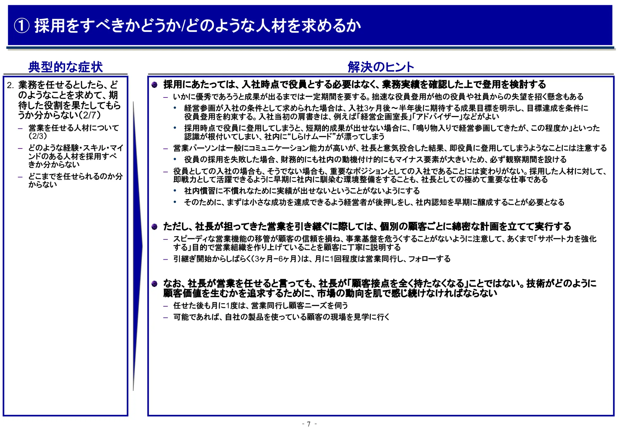 ‐7 ‐
典型的な症状 解決のヒント
採用にあたっては、入社時点で役員とする必要はなく、業務実績を確認した上で登用を検討する
– いかに優秀であろうと成果が出るまでは一定期間を要する。拙速な役員登用が他の役員や社員からの失望を招く懸念もある
• 経営参画が入社の条件として求められた場合は、入社3ヶ月後～半年後に期待する成果目標を明示し、目標達成を条件に
役員登用を約束する。入社当初の肩書きは、例えば「経営企画室長」「アドバイザー」などがよい
• 採用時点で役員に登用してしまうと、短期的成果が出せない場合に、「鳴り物入りで経営参画してきたが、この程度か」といった
認識が根付いてしまい、社内に“しらけムード”が漂ってしまう
– 営業パーソンは一般にコミュニケーション能力が高いが、社長と意気投合した結果、即役員に登用してしまうようなことには注意する
• 役員の採用を失敗した場合、財務的にも社内の動機付け的にもマイナス要素が大きいため、必ず観察期間を設ける
– 役員としての入社の場合も、そうでない場合も、重要なポジションとしての入社であることには変わりがない。採用した人材に対して、
即戦力として活躍できるように早期に社内に馴染む環境整備をすることも、社長としての極めて重要な仕事である
• 社内慣習に不慣れなために実績が出せないということがないようにする
• そのために、まずは小さな成功を達成できるよう経営者が後押しをし、社内認知を早期に醸成することが必要となる
ただし、社長が担ってきた営業を引き継ぐに際しては、個別の顧客ごとに綿密な計画を立てて実行する
– スピーディな営業機能の移管が顧客の信頼を損ね、事業基盤を危うくすることがないように注意して、あくまで「サポート力を強化
する」目的で営業組織を作り上げていることを顧客に丁寧に説明する
– 引継ぎ開始からしばらく（3ヶ月ｰ6ヶ月）は、月に1回程度は営業同行し、フォローする
なお、社長が営業を任せると言っても、社長が「顧客接点を全く持たなくなる」ことではない。技術がどのように
顧客価値を生むかを追求するために、市場の動向を肌で感じ続けなければならない
– 任せた後も月に1度は、営業同行し顧客ニーズを伺う
– 可能であれば、自社の製品を使っている顧客の現場を見学に行く
2. 業務を任せるとしたら、ど
のようなことを求めて、期
待した役割を果たしてもら
うか分からない（2/7）
– 営業を任せる人材について
（2/3）
– どのような経験・スキル・マイ
ンドのある人材を採用すべ
きか分からない
– どこまでを任せられるのか分
からない
① 採用をすべきかどうか/どのような人材を求めるか
 