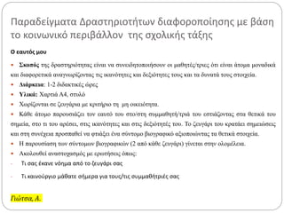 Παραδείγματα Δραστηριοτήτων διαφοροποίησης με βάση
το κοινωνικό περιβάλλον της σχολικής τάξης
Ο εαυτός μου
 Σκοπός της δραστηριότητας είναι να συνειδητοποιήσουν οι μαθητές/τριες ότι είναι άτομα μοναδικά
και διαφορετικά αναγνωρίζοντας τις ικανότητες και δεξιότητες τους και τα δυνατά τους στοιχεία.
 Διάρκεια: 1-2 διδακτικές ώρες
 Υλικά: Χαρτιά Α4, στυλό
 Χωρίζονται σε ζευγάρια με κριτήριο τη μη οικειότητα.
 Κάθε άτομο παρουσιάζει τον εαυτό του στο/στη συμμαθητή/τριά του εστιάζοντας στα θετικά του
σημεία, στο τι του αρέσει, στις ικανότητες και στις δεξιότητές του. Το ζευγάρι του κρατάει σημειώσεις
και στη συνέχεια προσπαθεί να φτιάξει ένα σύντομο βιογραφικό αξιοποιώντας τα θετικά στοιχεία.
 Η παρουσίαση των σύντομων βιογραφικών (2 από κάθε ζευγάρι) γίνεται στην ολομέλεια.
 Ακολουθεί αναστοχασμός με ερωτήσεις όπως:
- Τι σας έκανε νόημα από το ζευγάρι σας
- Τι καινούργιο μάθατε σήμερα για τους/τις συμμαθήτριές σας
Γιώτσα, Α.
 