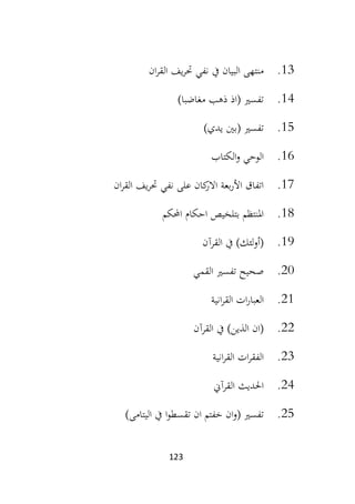 123
13
.
‫ان‬‫ر‬‫الق‬ ‫يف‬‫ر‬‫حت‬ ‫نفي‬ ‫يف‬ ‫البيان‬ ‫منتهى‬
14
.
)‫مغاضبا‬ ‫ذهب‬ ‫(اذ‬ ‫تفسري‬
15
.
)‫يدي‬ ‫(بني‬ ‫تفسري‬
16
.
‫الكتاب‬‫و‬ ‫الوحي‬
17
.
‫ان‬‫ر‬‫الق‬ ‫يف‬‫ر‬‫حت‬ ‫نفي‬ ‫على‬ ‫كان‬
‫االر‬ ‫بعة‬‫ر‬‫األ‬ ‫اتفاق‬
18
.
‫احملكم‬ ‫احكام‬ ‫بتلخيص‬ ‫املنتظم‬
19
.
‫القرآن‬ ‫يف‬ )‫لئك‬‫و‬‫(أ‬
20
.
‫القمي‬ ‫تفسري‬ ‫صحيح‬
21
.
‫ال‬
‫ات‬‫ر‬‫عبا‬
‫انية‬‫ر‬‫الق‬
22
.
‫القرآن‬ ‫يف‬ )‫الذين‬ ‫(ان‬
23
.
‫انية‬‫ر‬‫الق‬ ‫ات‬‫ر‬‫الفق‬
24
.
‫القرآين‬ ‫احلديث‬
25
.
)‫اليتامى‬ ‫يف‬ ‫ا‬‫و‬‫تقسط‬ ‫ان‬ ‫خفتم‬ ‫ان‬‫و‬( ‫تفسري‬
 