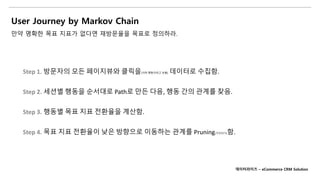 User Journey by Markov Chain
만약 명확한 목표 지표가 없다면 재방문율을 목표로 정의하라.
Step 1. 방문자의 모든 페이지뷰와 클릭을(이하 행동이라고 부름) 데이터로 수집함.
Step 2. 세션별 행동을 순서대로 Path로 만든 다음, 행동 간의 관계를 찾음.
Step 3. 행동별 목표 지표 전환율을 계산함.
Step 4. 목표 지표 전환율이 낮은 방향으로 이동하는 관계를 Pruning(가지치기)함.
데이터라이즈 – eCommerce CRM Solution
 