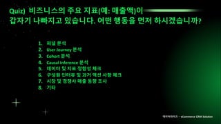 Quiz) 비즈니스의 주요 지표(예: 매출액)이
갑자기 나빠지고 있습니다. 어떤 행동을 먼저 하시겠습니까?
1. 퍼널 분석
2. User Journey 분석
3. Cohort 분석
4. Causal Inference 분석
5. 데이터 및 지표 정합성 체크
6. 구성원 인터뷰 및 과거 액션 사항 체크
7. 시장 및 경쟁사 매출 동향 조사
8. 기타
데이터라이즈 – eCommerce CRM Solution
 