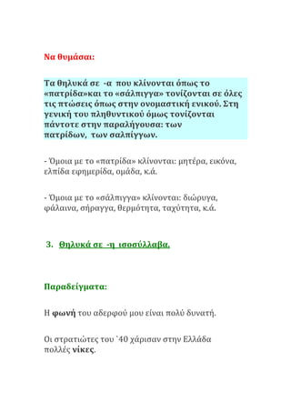 Να θυμάσαι:
Τα θηλυκά σε -α που κλίνονται όπως το
«πατρίδα»και το «σάλπιγγα» τονίζονται σε όλες
τις πτώσεις όπως στην ονομαστική ενικού. Στη
γενική του πληθυντικού όμως τονίζονται
πάντοτε στην παραλήγουσα: των
πατρίδων, των σαλπίγγων.
- Όμοια με το «πατρίδα» κλίνονται: μητέρα, εικόνα,
ελπίδα εφημερίδα, ομάδα, κ.ά.
- Όμοια με το «σάλπιγγα» κλίνονται: διώρυγα,
φάλαινα, σήραγγα, θερμότητα, ταχύτητα, κ.ά.
3. Θηλυκά σε -η ισοσύλλαβα.
Παραδείγματα:
Η φωνή του αδερφού μου είναι πολύ δυνατή.
Οι στρατιώτες του `40 χάρισαν στην Ελλάδα
πολλές νίκες.
 