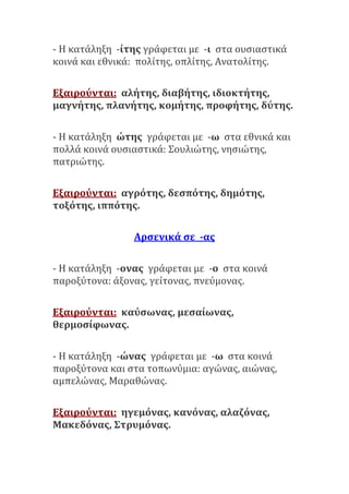 - Η κατάληξη -ίτης γράφεται με -ι στα ουσιαστικά
κοινά και εθνικά: πολίτης, οπλίτης, Ανατολίτης.
Εξαιρούνται: αλήτης, διαβήτης, ιδιοκτήτης,
μαγνήτης, πλανήτης, κομήτης, προφήτης, δύτης.
- Η κατάληξη ώτης γράφεται με -ω στα εθνικά και
πολλά κοινά ουσιαστικά: Σουλιώτης, νησιώτης,
πατριώτης.
Εξαιρούνται: αγρότης, δεσπότης, δημότης,
τοξότης, ιππότης.
Αρσενικά σε -ας
- Η κατάληξη -ονας γράφεται με -ο στα κοινά
παροξύτονα: άξονας, γείτονας, πνεύμονας.
Εξαιρούνται: καύσωνας, μεσαίωνας,
θερμοσίφωνας.
- Η κατάληξη -ώνας γράφεται με -ω στα κοινά
παροξύτονα και στα τοπωνύμια: αγώνας, αιώνας,
αμπελώνας, Μαραθώνας.
Εξαιρούνται: ηγεμόνας, κανόνας, αλαζόνας,
Μακεδόνας, Στρυμόνας.
 