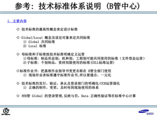参考: 技术标准体系说明 (B管中心)
1. 主要内容
◇ 技术标准的最高性概念来定设计标准
◇ Global/Local 概念及设定对象来定共同标准
1) Global 共同标准
2) Local 标准
◇ 母标准和子标准按技术标准明确定义运营
1)母标准: 制品形态别，机种别，工程别可能共同使用的标准（文件型态运营）
2)子标准: 个别制品，资材局限使用的标准(CELL标准运营)
◇标准作业书: 把基准作业指导书变更名称在 B管全部门使用
1) 现场作业者标准遵守标准作业书,所以要通合，一元化
◇ 技术标准的发行，验证，承认及登录部门的明确化/CCB运营强化
1) 正确的制作，变更，及时传到现场使用的体系
◇ 对B管 Global 的登录管理,反映与否，Data 正确性验证等在标准中心计算
 