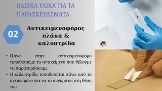 02
ΒΑΣΙΚΑ ΥΛΙΚΑ ΓΙΑ ΤΑ
ΠΑΡΑΣΚΕΥΑΣΜΑΤΑ
Αντικειμενοφόρος
πλάκα &
καλυπτρίδα
• Πάνω στην αντικειμενοφόρο
τοποθετούμε το αντικείμενο που θέλουμε
να παρατηρήσουμε.
• Η καλυπτρίδα τοποθετείται πάνω από το
αντικείμενο για να το συγκρατεί στη θέση
του
 