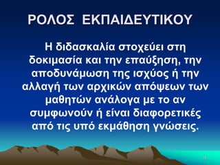ΡΟΛΟΣ ΕΚΠΑΙΔΕΥΤΙΚΟΥ
Η διδασκαλία στοχεύει στη
δοκιμασία και την επαύξηση, την
αποδυνάμωση της ισχύος ή την
αλλαγή των αρχικών απόψεων των
μαθητών ανάλογα με το αν
συμφωνούν ή είναι διαφορετικές
από τις υπό εκμάθηση γνώσεις.
10
 