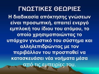 ΓΝΩΣΤΙΚΕΣ ΘΕΩΡΙΕΣ
Η διαδικασία απόκτησης γνώσεων
είναι προσωπική, απαιτεί ενεργό
εμπλοκή του ίδιου του ατόμου, το
οποίο χρησιμοποιώντας το
υπάρχον γνωστικό του σύστημα και
αλληλεπιδρώντας με τον
περιβάλλον του προσπαθεί να
κατασκευάσει νέα νοήματα μέσα
από τις εμπειρίες του.
4
 