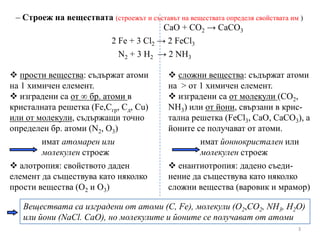 ‒ Строеж на веществата (строежът и съставът на веществата определя свойствата им )
3
CaO + CO2 → CaCO3
2 Fe + 3 Cl2 → 2 Fe...
