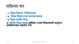 पाशिल्ला चार
• ४- घशक्षा घवकास घनदेशनाियः
• ५. घशक्षा घवकास िथा सिन्वय इकाइ
• ६. घशक्षा िािीि क
े न्द्रः
७
. पाघिक घशक्षा शािा-पाघिका भरका घवद्याियको बस्तुगि
अबिोकनबाट सहयोग गने।
4/22/2024 ghimirekr@gmail.com/9856040542 38
 