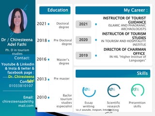 Dr / Chiresteena
Adel Fathi
Ph. D in tourism
studies
Education
Contact:
My Career :
Skills
Doctoral
degree
2021
2016
2013
2010
2021
INSTRUCTOR OF TOURIST
GUIDANCE
ISLAMIC AND PHAORANIC
ARCHAOLOGISTS
2020
INSTRUCTOR OF TOURISM
STUDIES
IN TOURISM AND HOSPITALITY
INSTITUE
2019
DIRECTOR OF CHAIRMAN
OFFICE
IN HIL “Higher Institue of
Languages”
Youtube & Linkedin
& Insta & twiter &
facebook page :
Dr. Chiresteena
Adel
Contact
01033810107
Email:
chiresteenaadel@g
mail.com
Master’s
degree
Pre master
Baclor
tourism
studies
especialist
60%
Essay
writting
Scientific
research
writing
Presenttion
skills
90% 95%
2018 Pre Doctoral
degree
youtube, instgram, linkedin:
‫كرستينا‬ ‫د‬
‫فتحي‬ ‫عادل‬
 