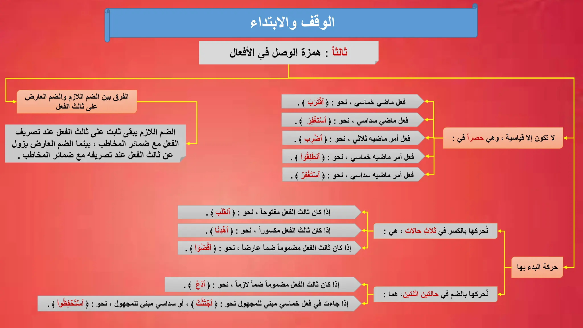 ‫واالبتداء‬ ‫الوقف‬
ً‫ا‬‫ثالث‬
:
‫األفعال‬ ‫في‬ ‫الوصل‬ ‫همزة‬
‫وهي‬ ، ‫قياسية‬ ‫إال‬ ‫تكون‬ ‫ال‬
ً‫ا‬‫حصر‬
‫ف‬
‫ي‬
:
‫ماضي‬ ‫فعل‬
‫خماسي‬
‫نحو‬ ،
:
﴿
َ‫ب‬َ‫ر‬َ‫ت‬ۡ‫ٱق‬
﴾
.
‫ماضي‬ ‫فعل‬
‫سداسي‬
‫نحو‬ ،
:
﴿
َ‫ر‬ِّ‫ف‬ۡ‫غ‬َ‫ت‬ۡ‫ٱس‬
﴾
.
‫به‬ ‫البدء‬ ‫حركة‬
‫ا‬
، ً‫ا‬‫مفتوح‬ ‫الفعل‬ ‫ثالث‬ ‫كان‬ ‫إذا‬
‫نحو‬
:
﴿
َ‫ب‬َ‫ل‬َ‫ق‬‫ٱن‬
﴾
.
‫الفعل‬ ‫ثالث‬ ‫كان‬ ‫إذا‬
ً‫ا‬‫مكسور‬
‫نحو‬ ،
:
﴿
‫ا‬َ‫ن‬ِّ‫د‬ۡ‫ٱه‬
﴾
. ‫في‬ ‫بالكسر‬ ‫حركها‬ُ‫ن‬
ِّ‫ث‬‫ثال‬
‫حاالت‬
‫هي‬ ،
:
‫حركها‬ُ‫ن‬
‫بالضم‬
‫في‬
‫اثنتين‬ ‫حالتين‬
،
‫هما‬
:
‫نحو‬ ، ‫ثالثي‬ ‫ماضيه‬ ‫أمر‬ ‫فعل‬
:
﴿
‫ب‬ ِّ
‫ر‬ ۡ‫ٱض‬
﴾
.
‫ماضيه‬ ‫أمر‬ ‫فعل‬
‫خماسي‬
‫نحو‬ ،
:
﴿
ۤ
‫و‬ُ‫ق‬ِّ‫ل‬َ‫ط‬‫ٱن‬
‫ا‬
﴾
.
‫ماضيه‬ ‫أمر‬ ‫فعل‬
‫سداسي‬
‫نحو‬ ،
:
﴿
ِّ‫ف‬ۡ‫غ‬َ‫ت‬ۡ‫ٱس‬
ۡ
‫ر‬
﴾
.
‫الفعل‬ ‫ثالث‬ ‫كان‬ ‫إذا‬
ً‫ا‬‫عارض‬ ً‫ا‬‫ضم‬ ً‫ا‬‫مضموم‬
‫نحو‬ ،
:
﴿
ُ‫ض‬ۡ‫ٱق‬
‫ا‬ ۤ
‫و‬
﴾
.
‫الفعل‬ ‫ثالث‬ ‫كان‬ ‫إذا‬
ً‫ا‬‫الزم‬ ً‫ا‬‫ضم‬ ً‫ا‬‫مضموم‬
‫نحو‬ ،
:
﴿
ُ‫ع‬ۡ‫ٱد‬
﴾
.
‫في‬ ‫جاءت‬ ‫إذا‬
‫فعل‬
‫للمجهول‬ ‫مبني‬ ‫خماسي‬
‫نحو‬
:
﴿
ۡ
‫ت‬َّ‫ث‬ُ‫ت‬ ۡ
‫ٱج‬
، ﴾
‫أو‬
‫مبني‬ ‫سداسي‬
‫للمجهول‬
‫نحو‬ ،
:
﴿
ۡ‫ٱس‬
‫وا‬ُ‫ظ‬ِّ‫ف‬ ۡ
‫ح‬ُ‫ت‬
﴾
.
‫العارض‬ ‫والضم‬ ‫الالزم‬ ‫الضم‬ ‫بين‬ ‫الفرق‬
‫الفعل‬ ‫ثالث‬ ‫على‬
‫ثابت‬ ‫يبقى‬ ‫الالزم‬ ‫الضم‬
‫الفعل‬ ‫ثالث‬ ‫على‬
‫تص‬ ‫عند‬
‫ريف‬
‫يز‬ ‫العارض‬ ‫الضم‬ ‫بينما‬ ، ‫المخاطب‬ ‫ضمائر‬ ‫مع‬ ‫الفعل‬
‫ول‬
‫المخاطب‬ ‫ضمائر‬ ‫مع‬ ‫تصريفه‬ ‫عند‬ ‫الفعل‬ ‫ثالث‬ ‫عن‬
.
 